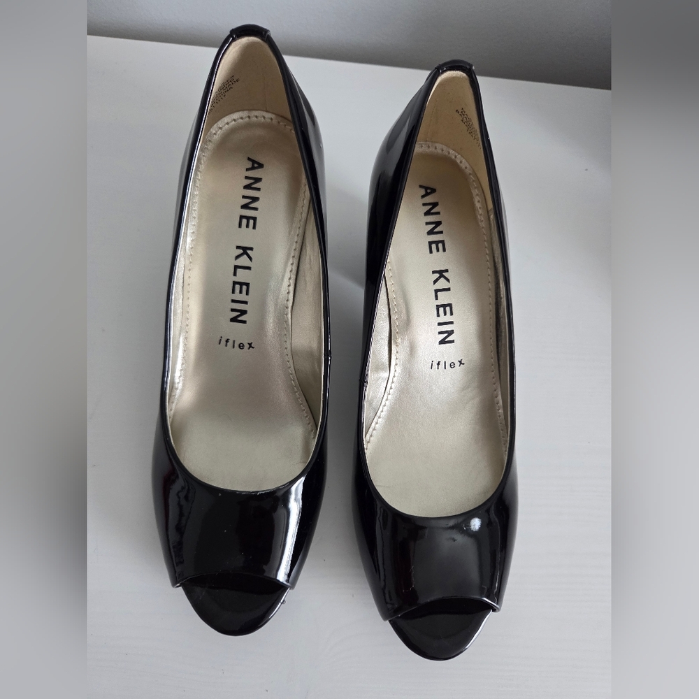 Anne Klein Glossy Black Peep Toe Heels